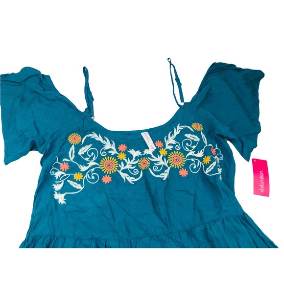 8214 NWT xhilaration teal boho floral embroidered cold shoulder top sz small - Picture 2 of 5